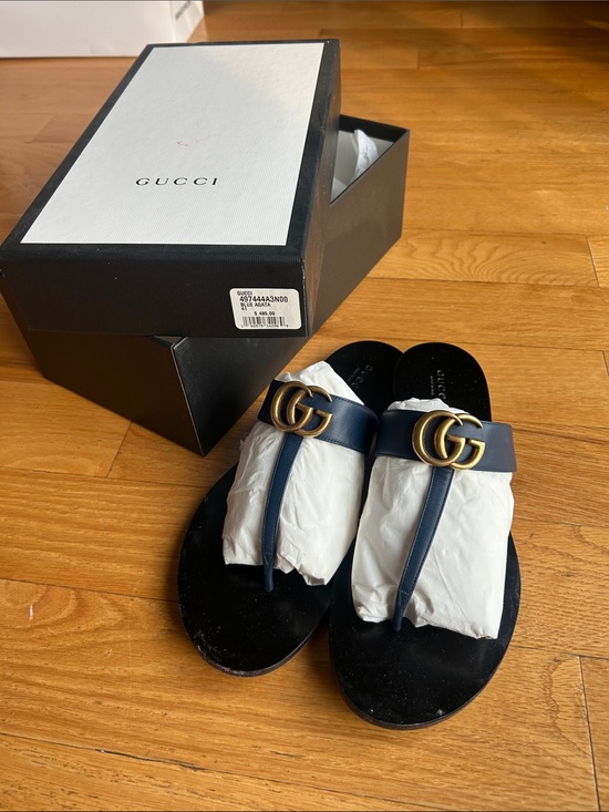 Gucci Shoes - Gucci Navy Leather GG Thong Sandals with Gold Hardware